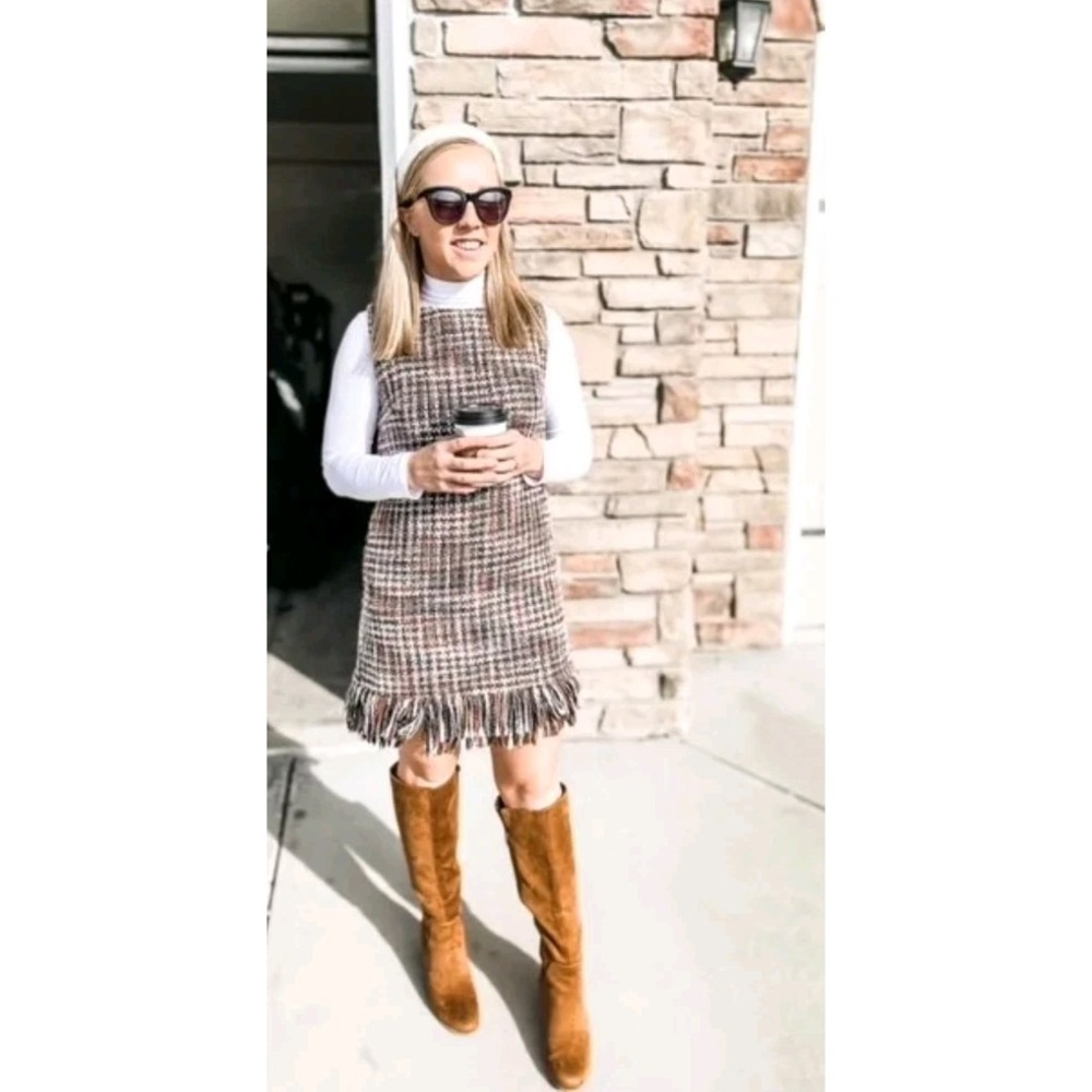 Red Dress Aura Women Medium Fringe Hem 70s Style Tweed A-Line Shift Dress NWT